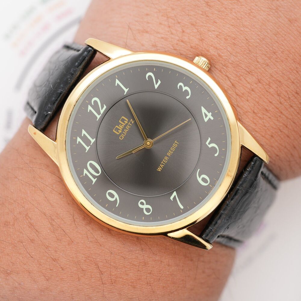 Q&Q Quartz Mens Watch 42mm Gold Tone Black Dial Leather Strap New Battery - Picture 3 of 8
